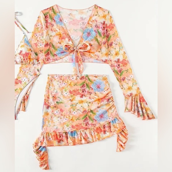 4 Piece Floral Halter Top Bikini Set with Sheer Cover Up & Ruffled Skirt - Picture 10 of 12